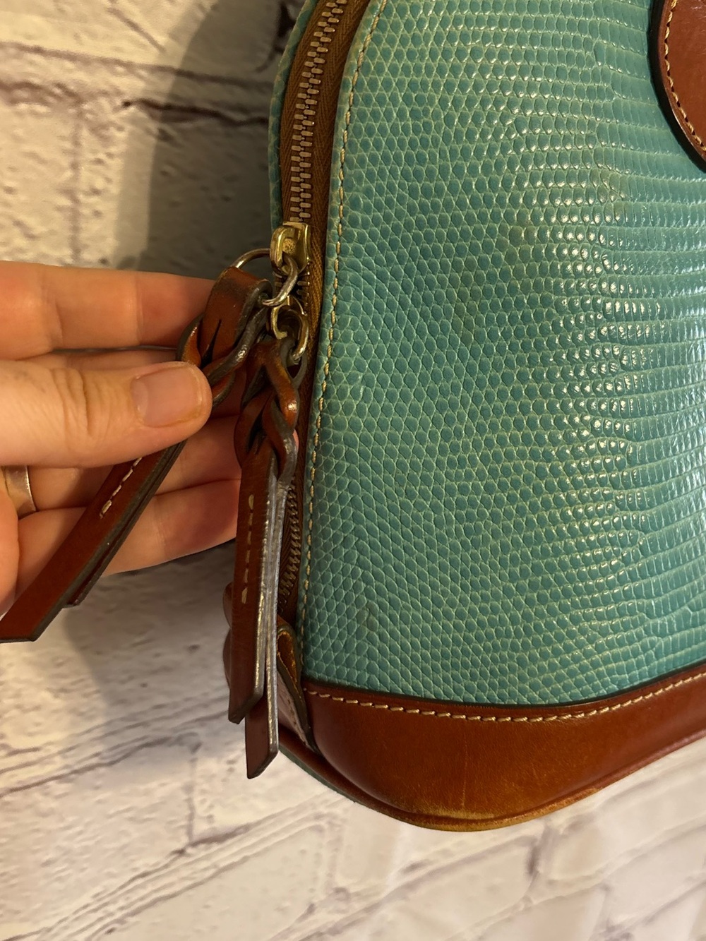 Dooney & Bourke Teal Pebble Grain “Zip Zip” Satchel with Brown Trim - Picture 6 of 16